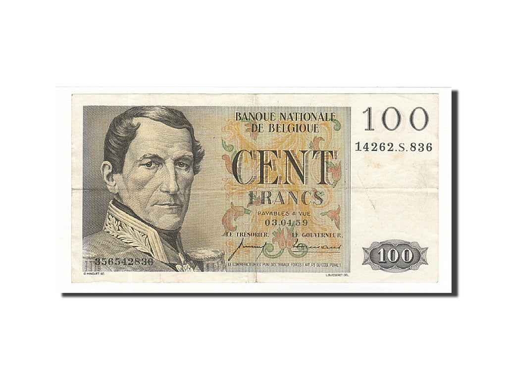 Billete, 100 Francs, 1952-1959, Bélgica, KM:129c, 1959-04-03, MBC