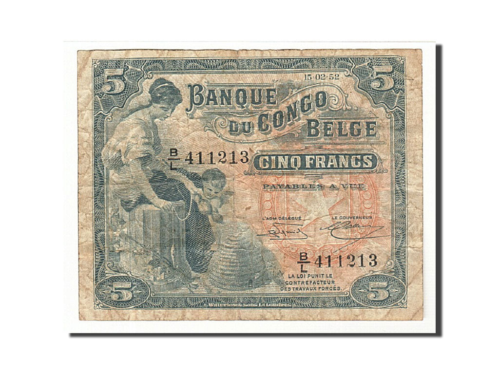 Banconote, Congo belga, 5 Francs, 1952, KM:13b, 1952-02-15, MB