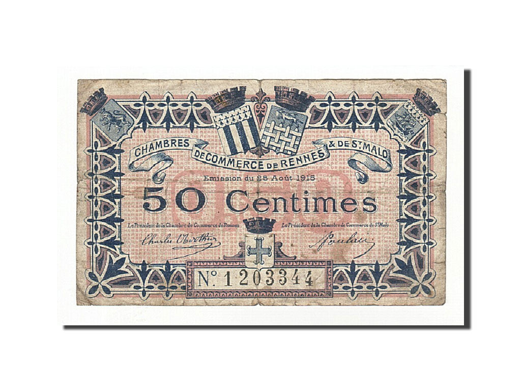Billet, France, Rennes et Saint-Malo, 50 Centimes, 1915, TB, Pirot:105-6