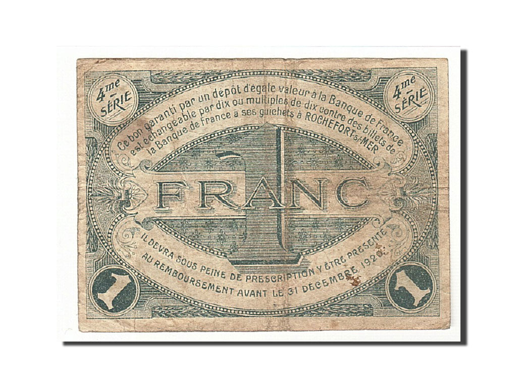 Banconote, Pirot:107-16, MB+, Rochefort-sur-Mer, 1 Franc, 1915, Francia