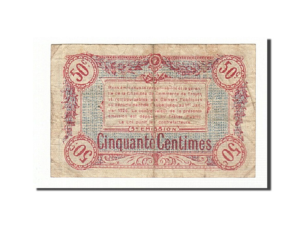 Banconote, Pirot:124-9, MB, Troyes, 50 Centimes, Francia