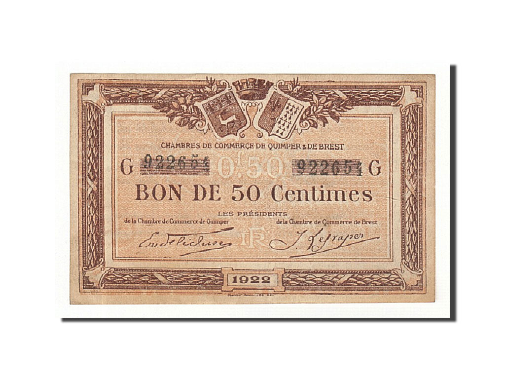 Geldschein, Frankreich, Quimper et Brest, 50 Centimes, 1922, VZ+, Pirot:104-22