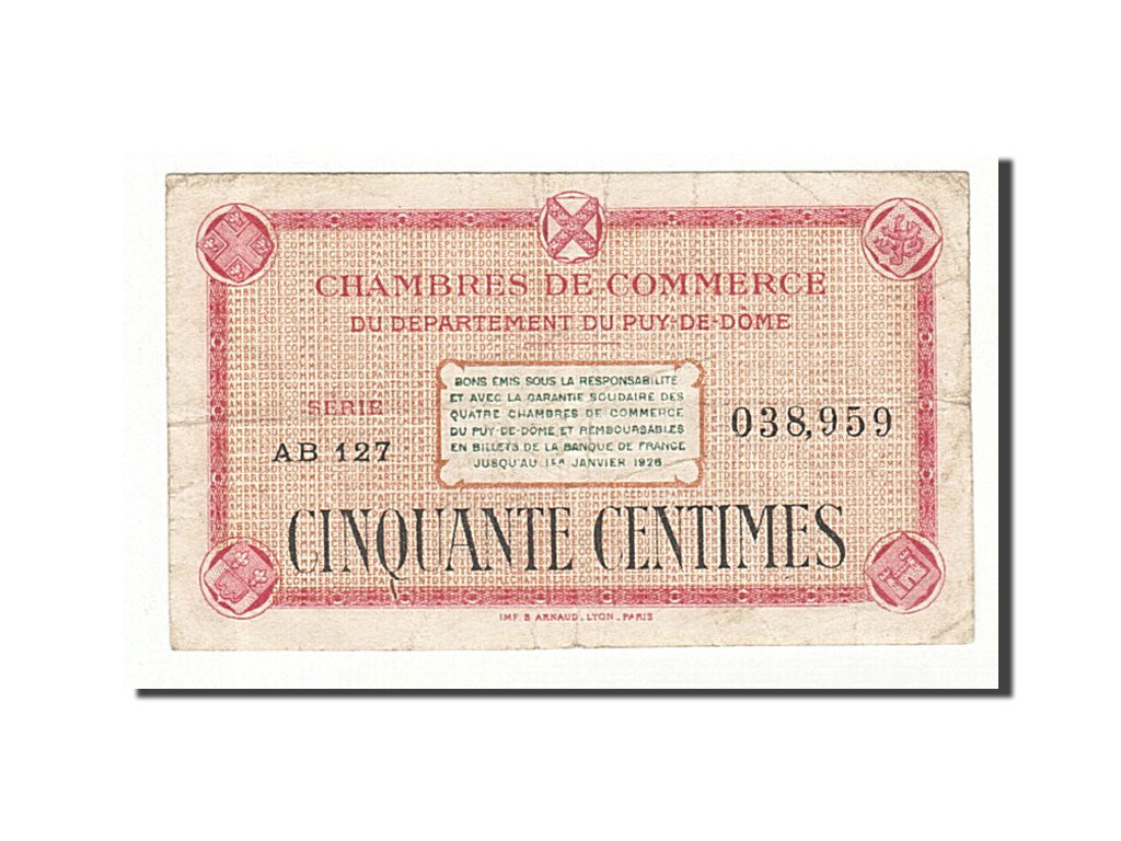 Banknote, Pirot:103-23, 50 Centimes, France, EF(40-45), Clermont-Ferrand