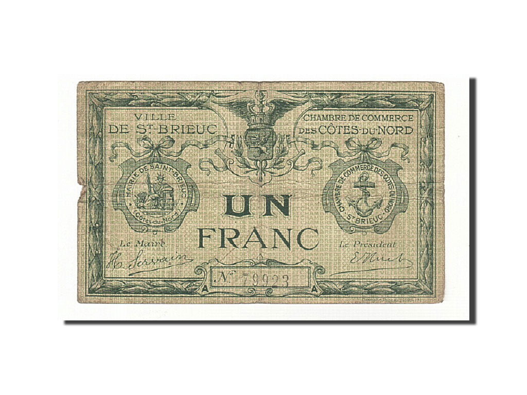 Banknot, Francja, Saint-Brieuc, 1 Franc, VF(20-25), Pirot:111-12