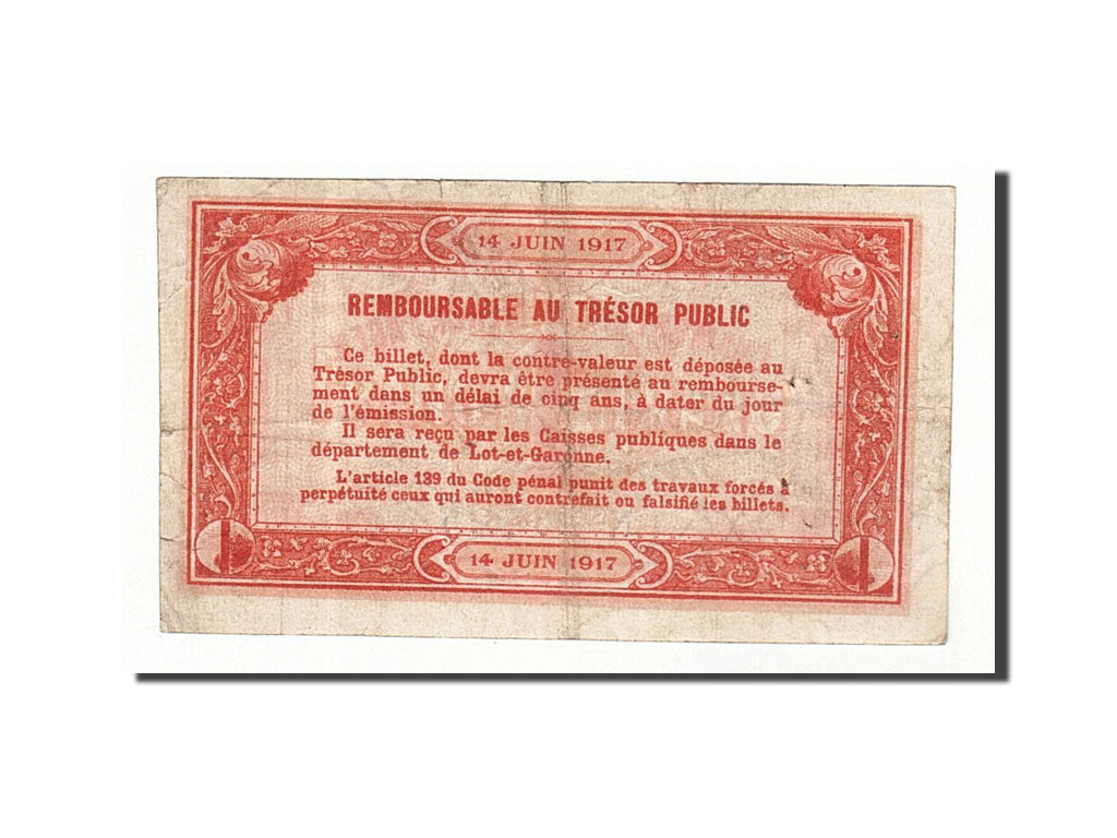 Banconote, Pirot:2-14, MB+, Agen, 1 Franc, 1917, Francia