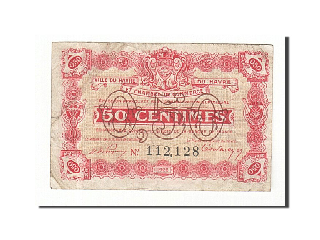 Banconote, Pirot:68-33, MB+, Le Havre, 50 Centimes, 1922, Francia