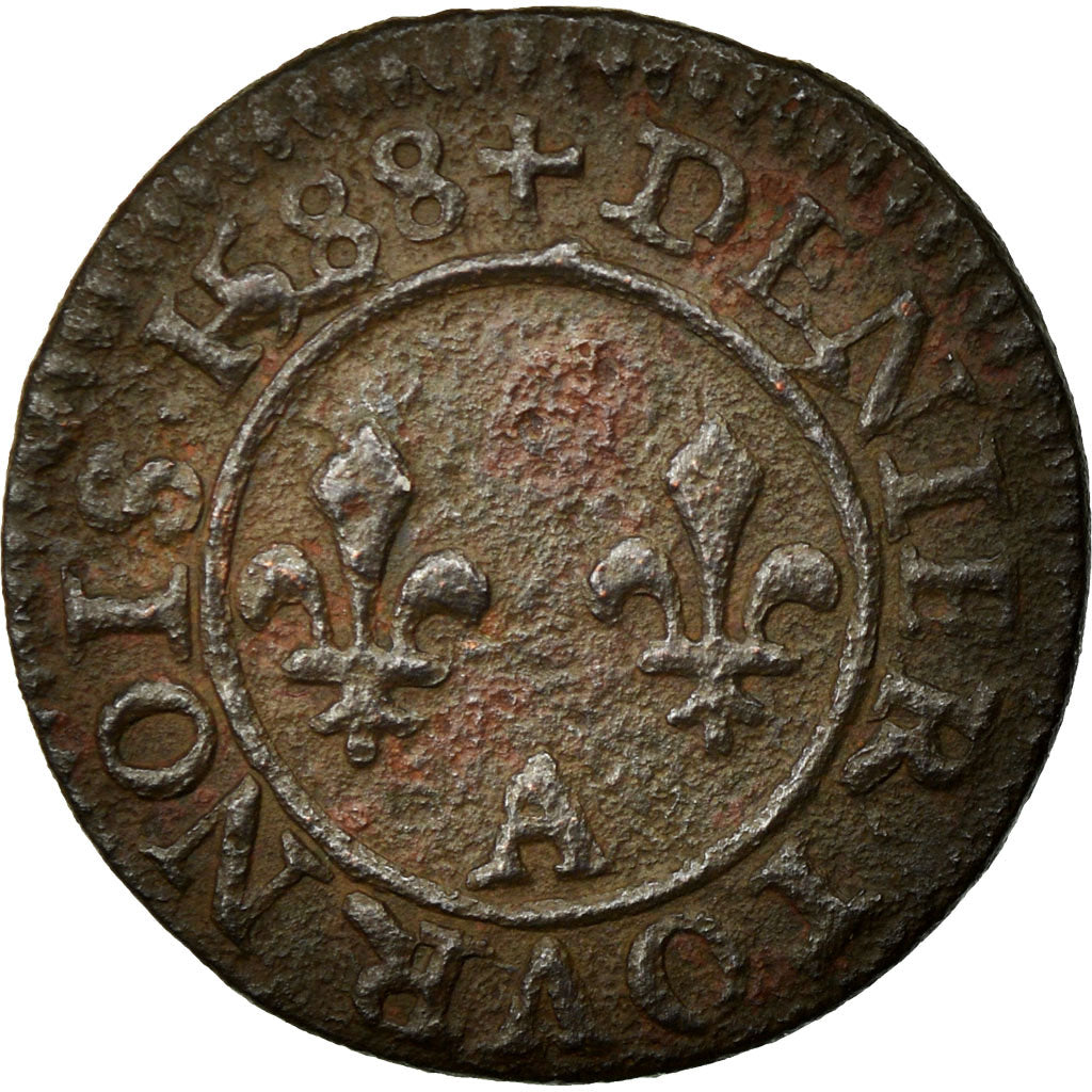 Moneda, Francia, Denier Tournois, 1588, Paris, MBC, Cobre, Sombart:4074