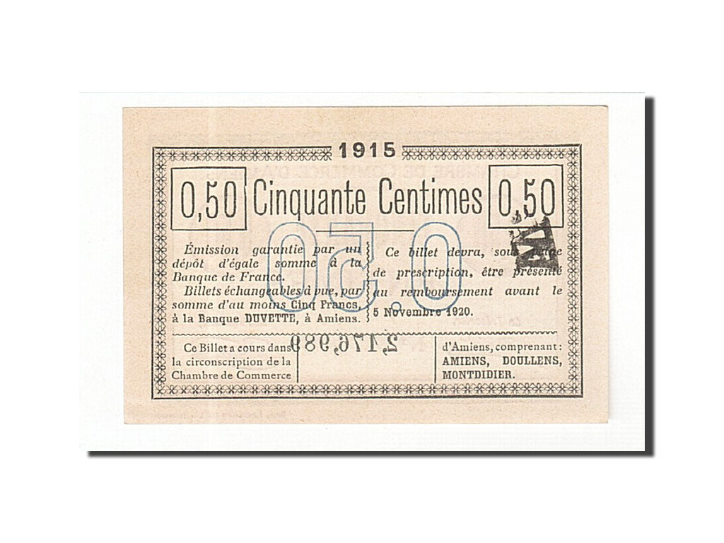 Geldschein, Frankreich, Amiens, 50 Centimes, 1915, UNZ, Pirot:7-40