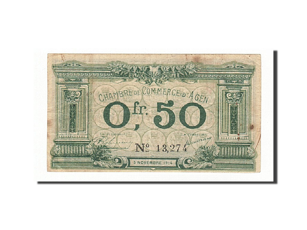 Billete, 50 Centimes, Pirot:2-1, 1914, Francia, MBC, Agen