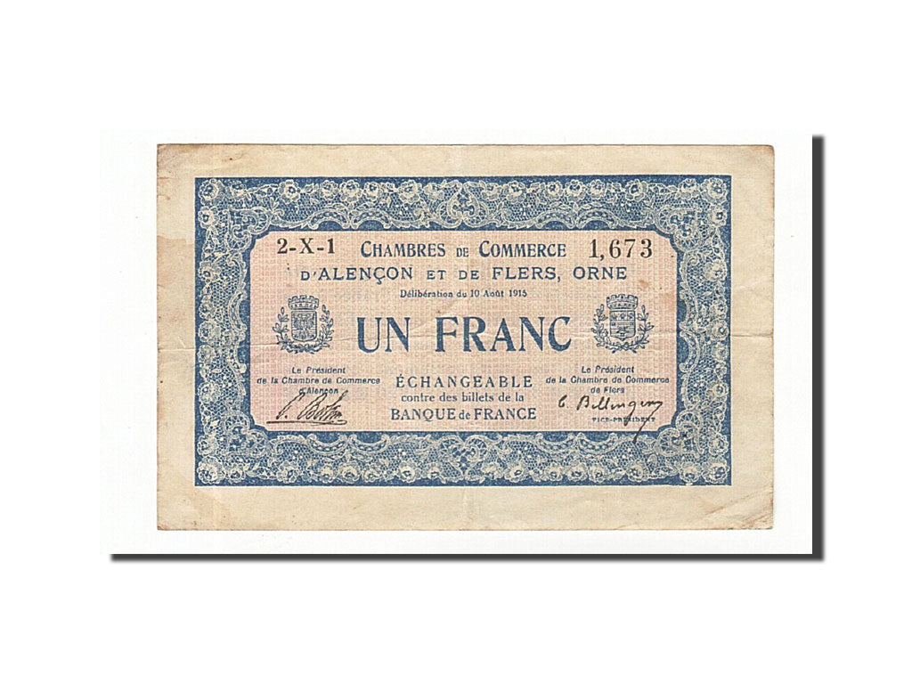 Banconote, Pirot:6-17, BB, Alençon et Flers, 1 Franc, 1915, Francia