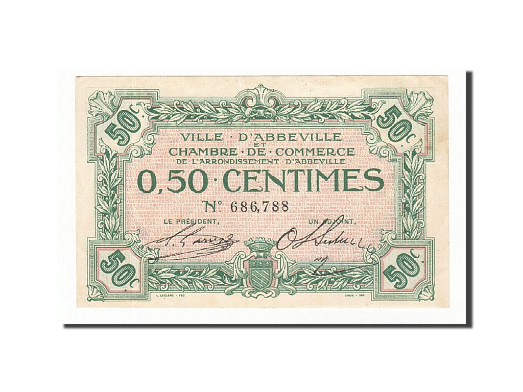Banknote, Pirot:1-1, 50 Centimes, France, AU(55-58), Abbeville