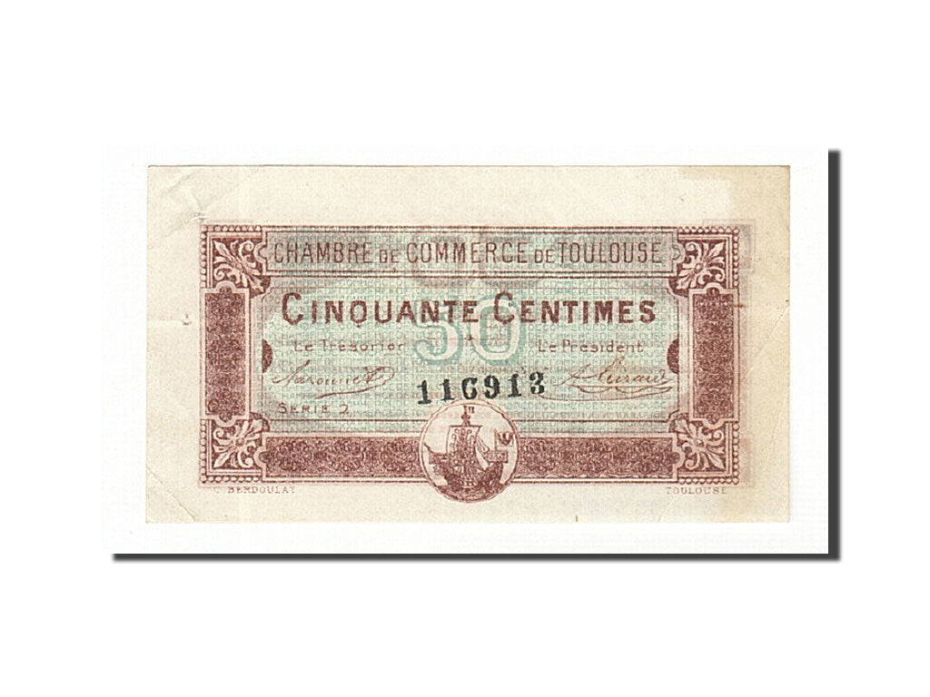 Banknote, Pirot:122-22, 50 Centimes, 1917, France, AU(55-58), Toulouse