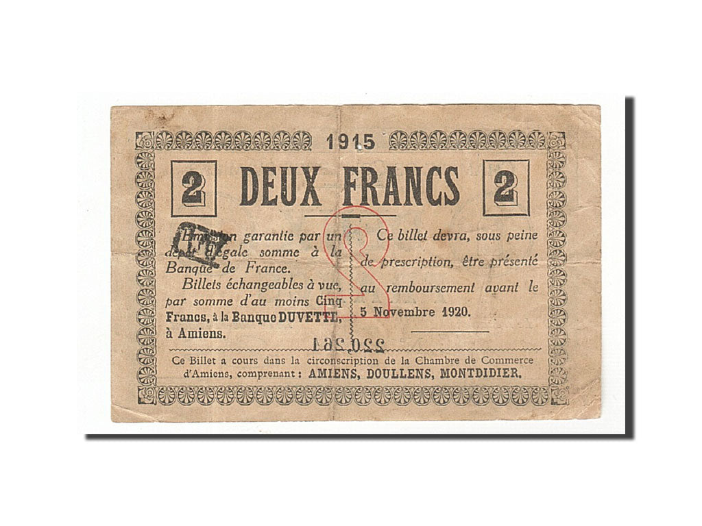 Banconote, Pirot:7-31, BB, Amiens, 2 Francs, 1915, Francia