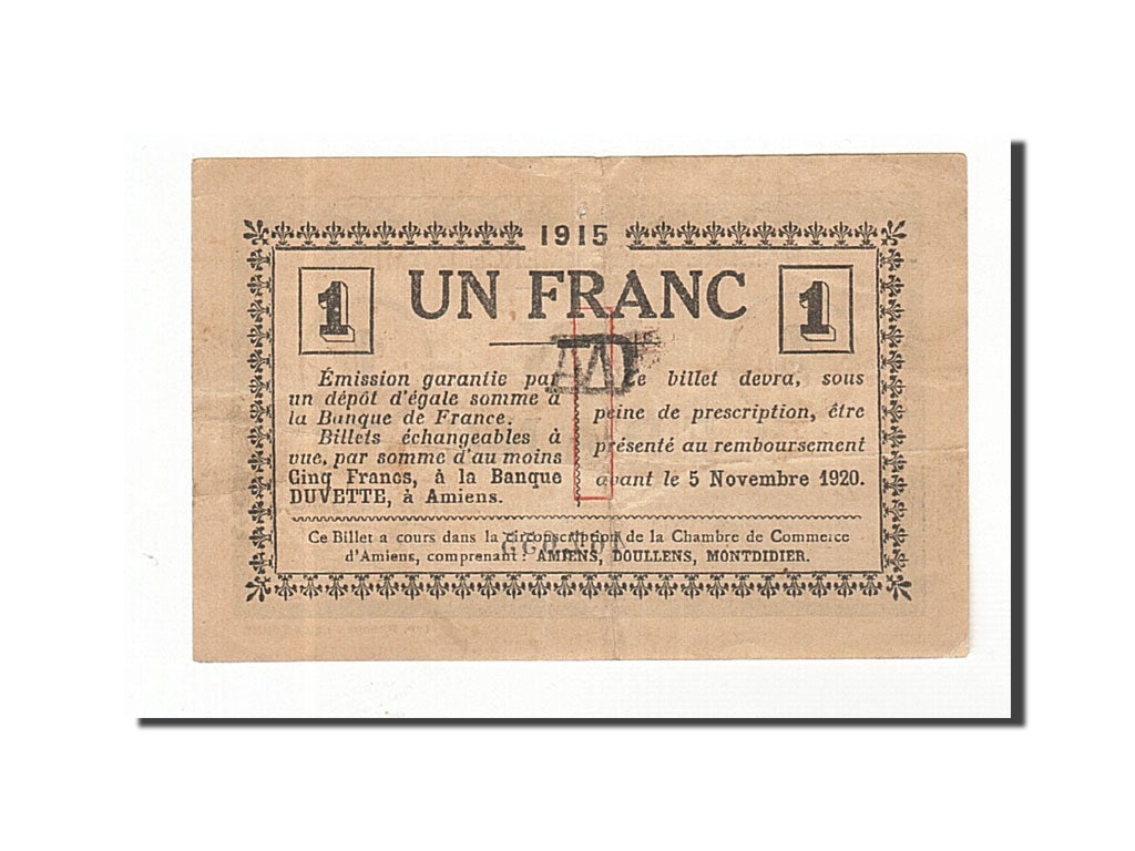 Banconote, Pirot:7-28, BB, Amiens, 1 Franc, 1915, Francia