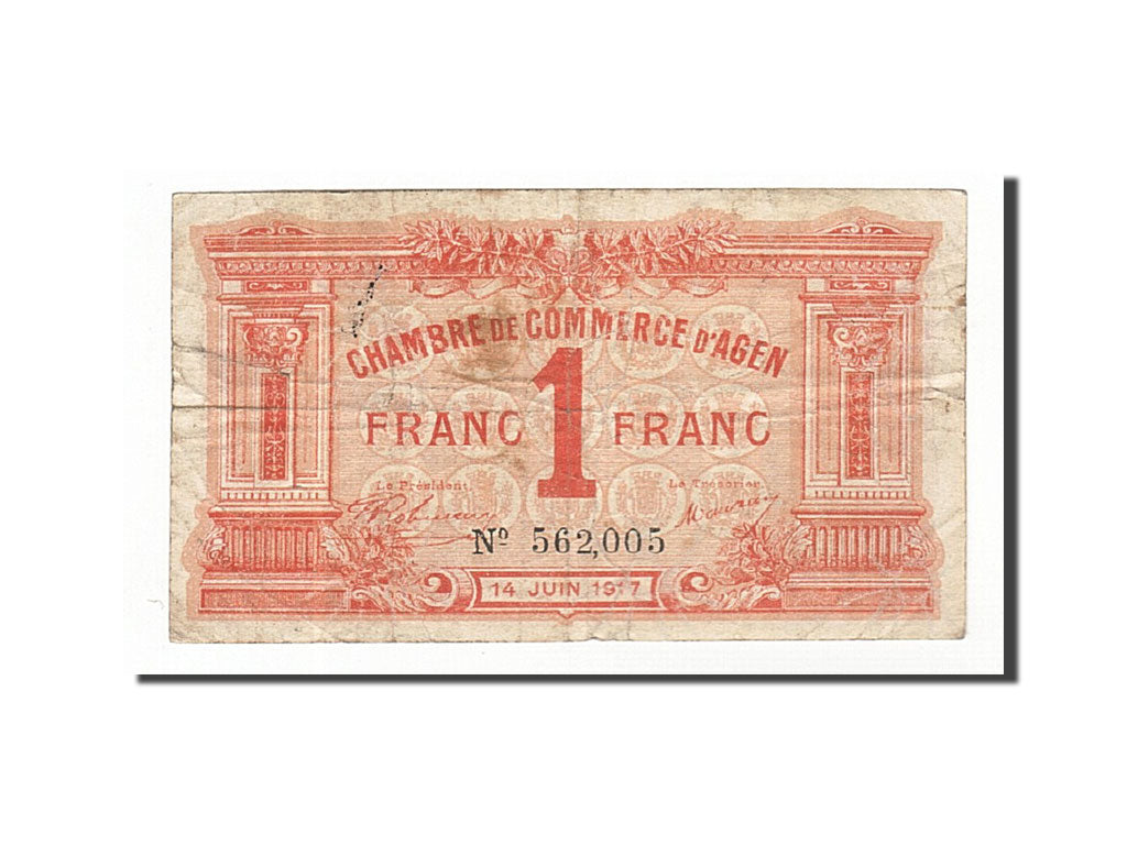 Banknote, Pirot:2-9, 1 Franc, 1917, France, VF(30-35), Agen