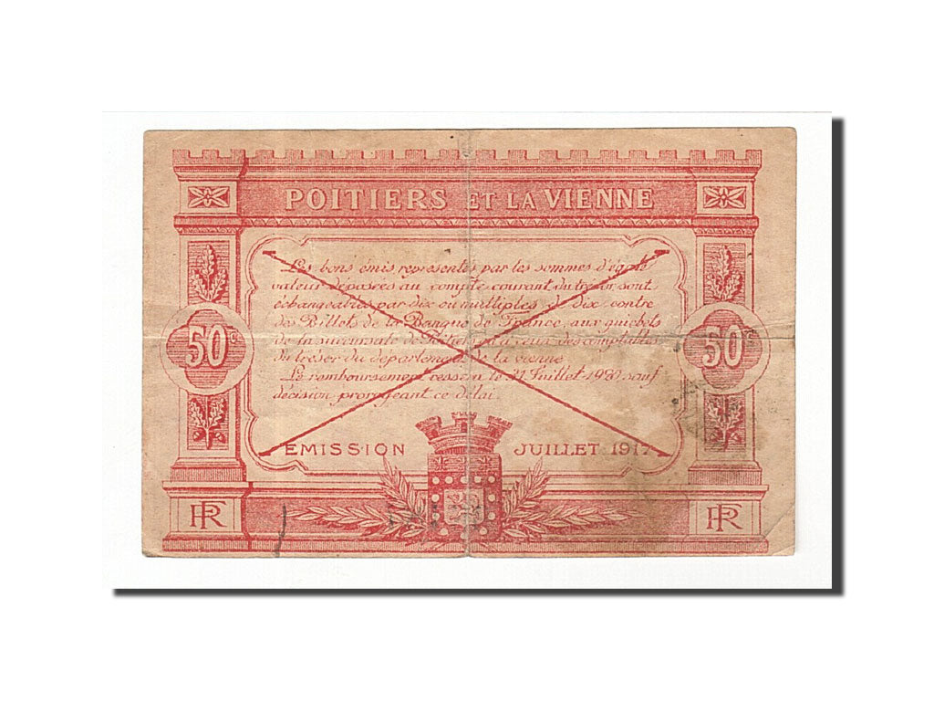 Banconote, Pirot:101-8, BB, Poitiers, 50 Centimes, 1917, Francia
