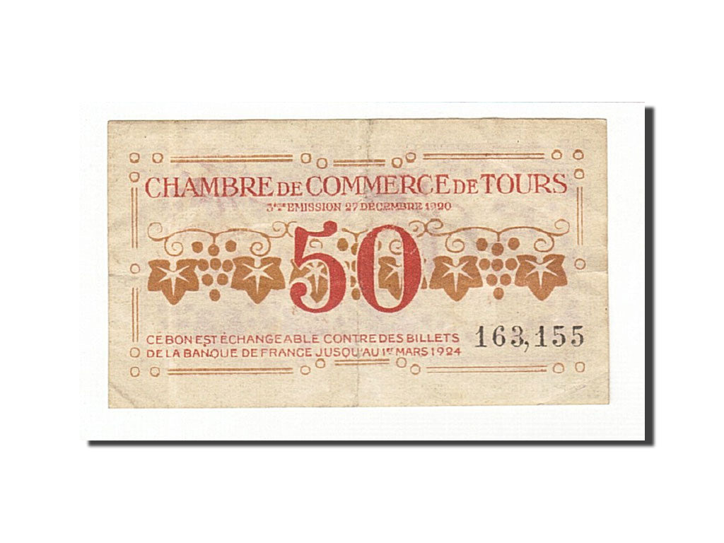 Banknote, Pirot:123-6, 50 Centimes, 1920, France, EF(40-45), Tours