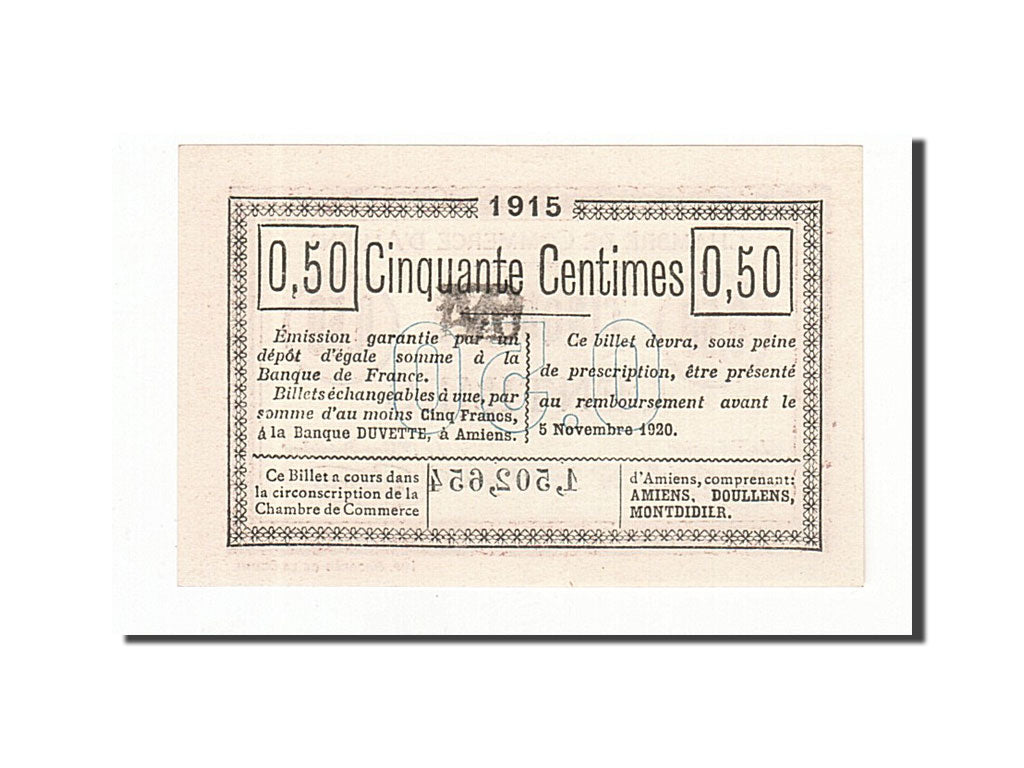 Banknote, Pirot:7-32, 50 Centimes, 1915, France, UNC(65-70), Amiens
