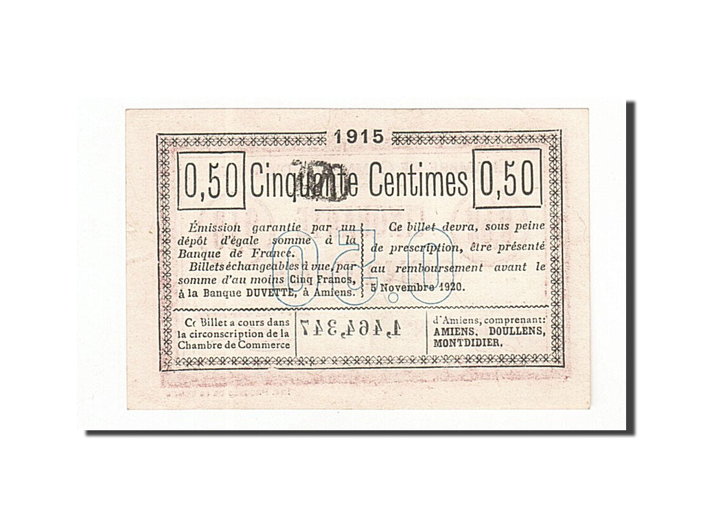 Geldschein, Frankreich, Amiens, 50 Centimes, 1915, UNZ-, Pirot:7-32