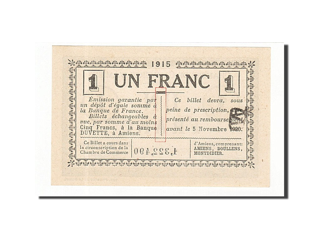 Geldschein, Frankreich, Amiens, 1 Franc, 1915, UNZ-, Pirot:7-28