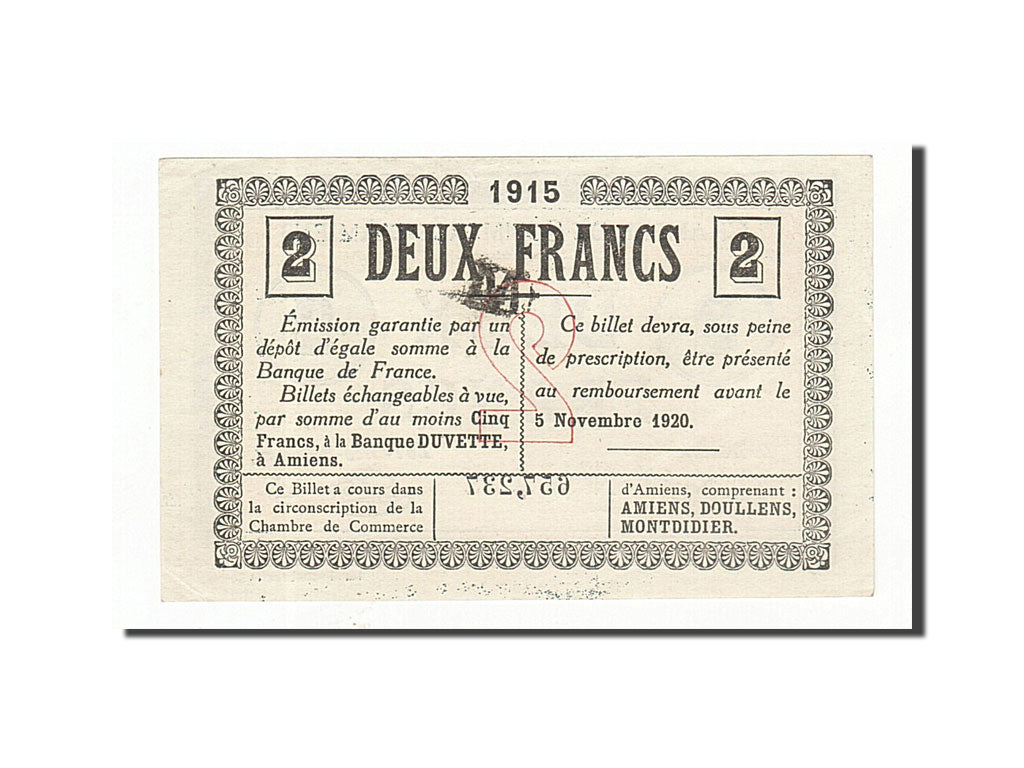 Banknote, Pirot:7-38, 2 Francs, 1915, France, UNC(63), Amiens
