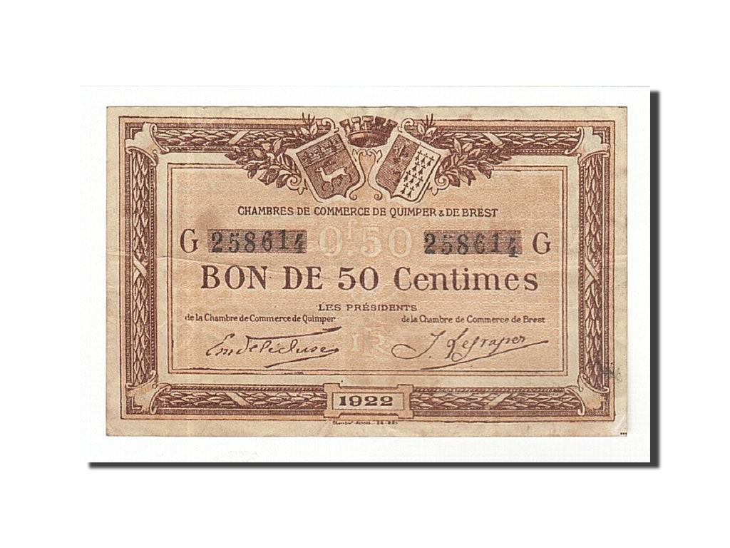 Banknote, Pirot:104-22, 50 Centimes, 1922, France, EF(40-45), Quimper et Brest