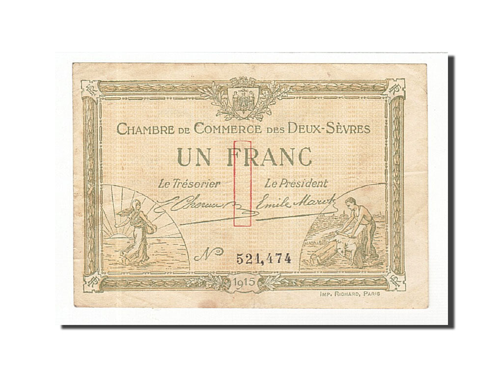 Banknote, Pirot:93-3, 1 Franc, 1915, France, AU(50-53), Niort
