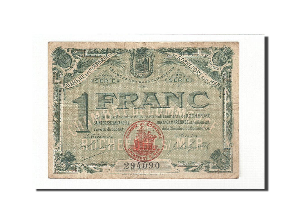 Banknote, Pirot:107-9, 1 Franc, 1915, France, EF(40-45), Rochefort-sur-Mer
