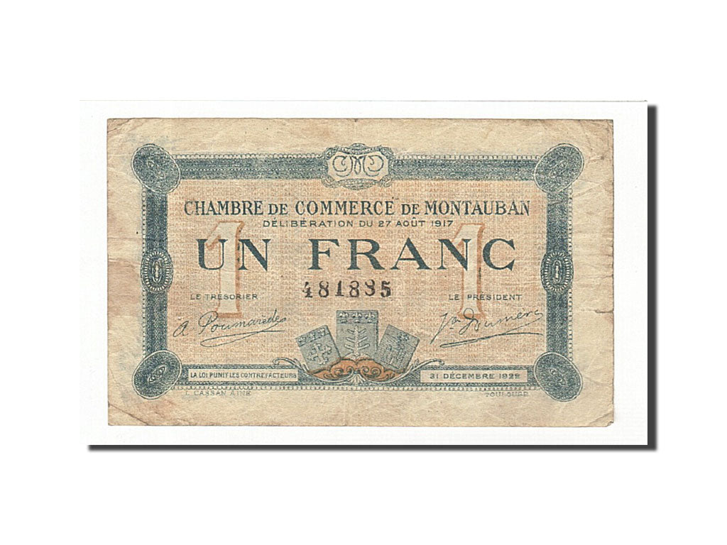 Banknot, Francja, Montauban, 1 Franc, 1917, EF(40-45), Pirot:83-15