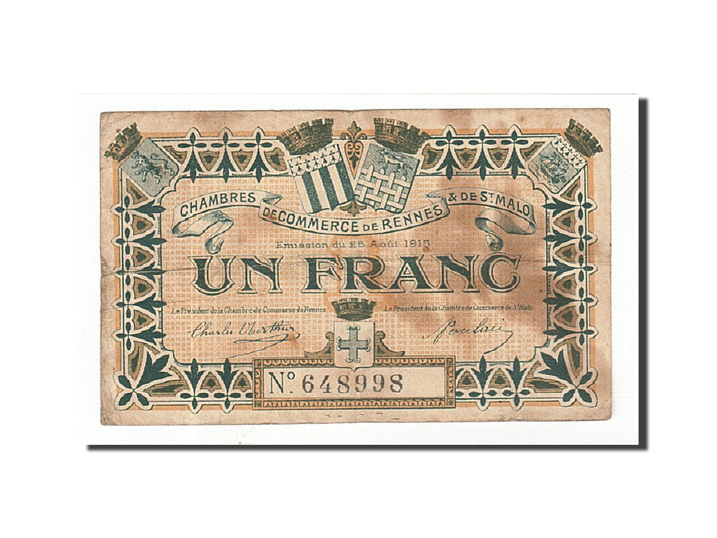Banknote, Pirot:105-3, 1 Franc, 1915, France, VF(30-35), Rennes et Saint-Malo