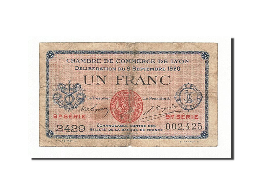 Banconote, Pirot:77-23, MB, Lyon, 1 Franc, 1920, Francia