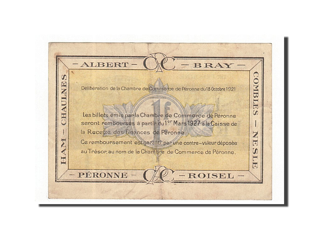 Banconote, Pirot:99-4, BB+, Peronne, 1 Franc, 1921, Francia