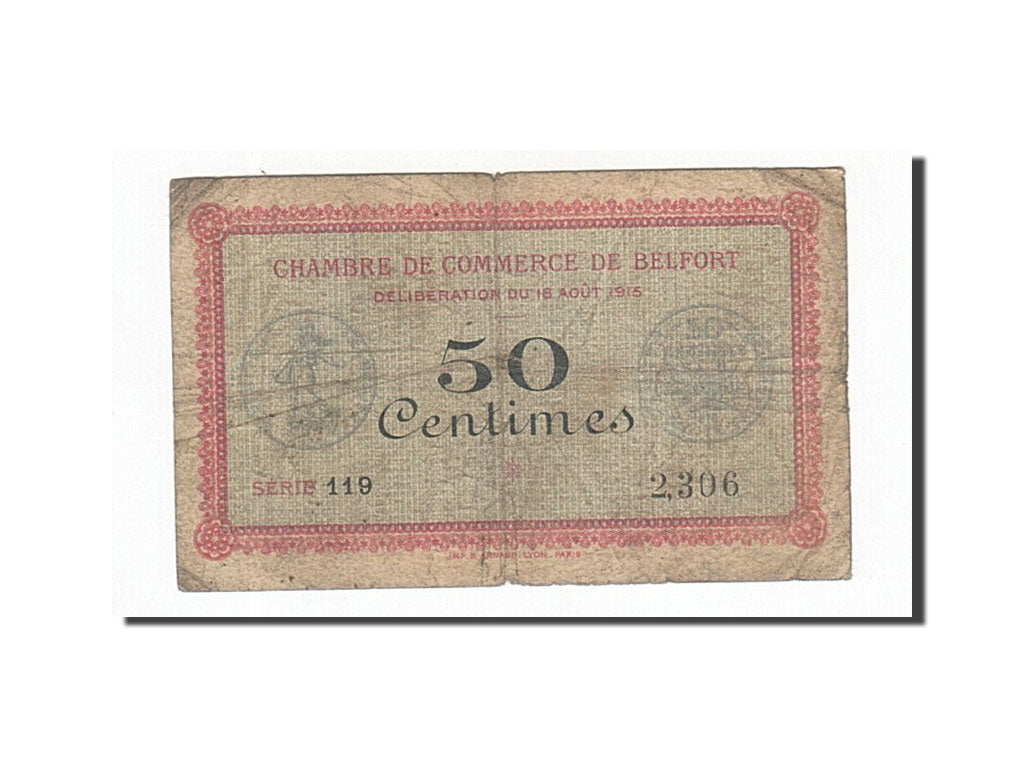 Banknot, Francja, Belfort, 50 Centimes, 1915, VF(20-25), Pirot:23-1