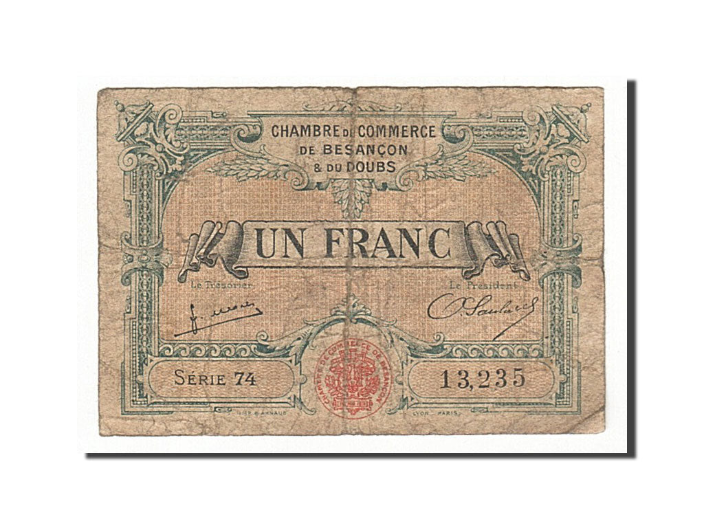 Banknote, Pirot:25-27, 1 Franc, 1922, France, VF(20-25), Besançon