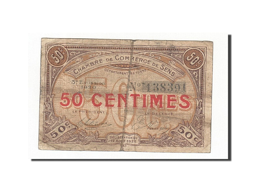 Banconote, Pirot:118-10, MB, Sens, 50 Centimes, 1920, Francia