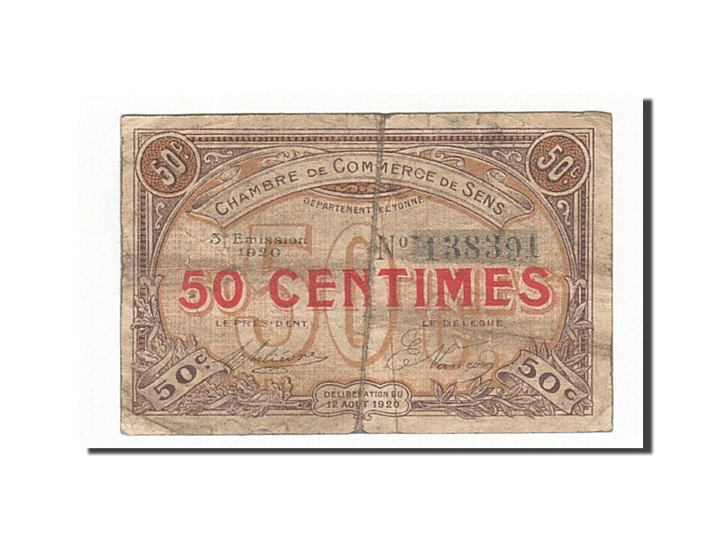 Banconote, Pirot:118-10, MB, Sens, 50 Centimes, 1920, Francia