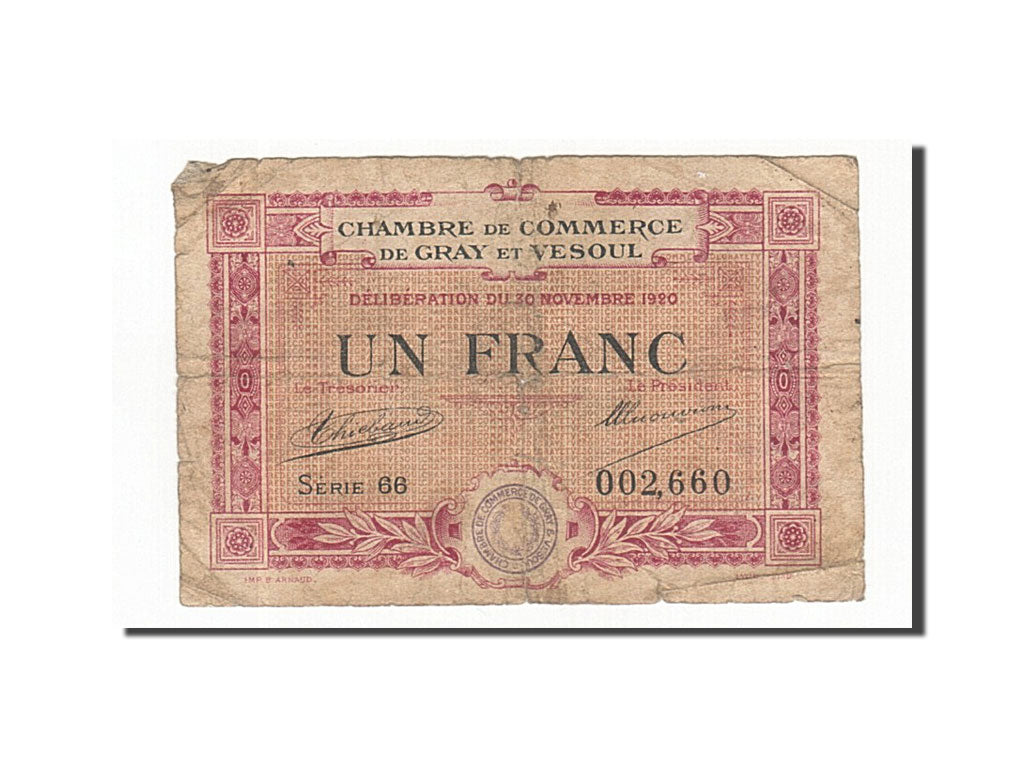 Banknote, Pirot:62-17, 1 Franc, 1920, France, VF(20-25), Gray et Vesoul