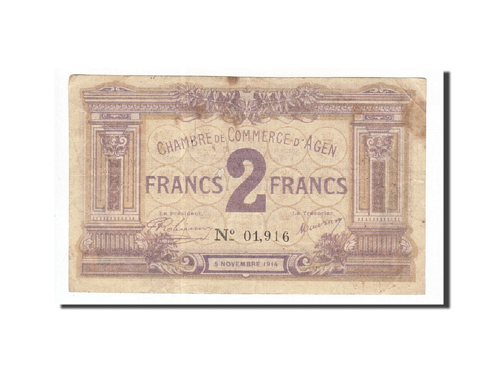 Billete, 2 Francs, Pirot:2-5, 1914, Francia, MBC, Agen