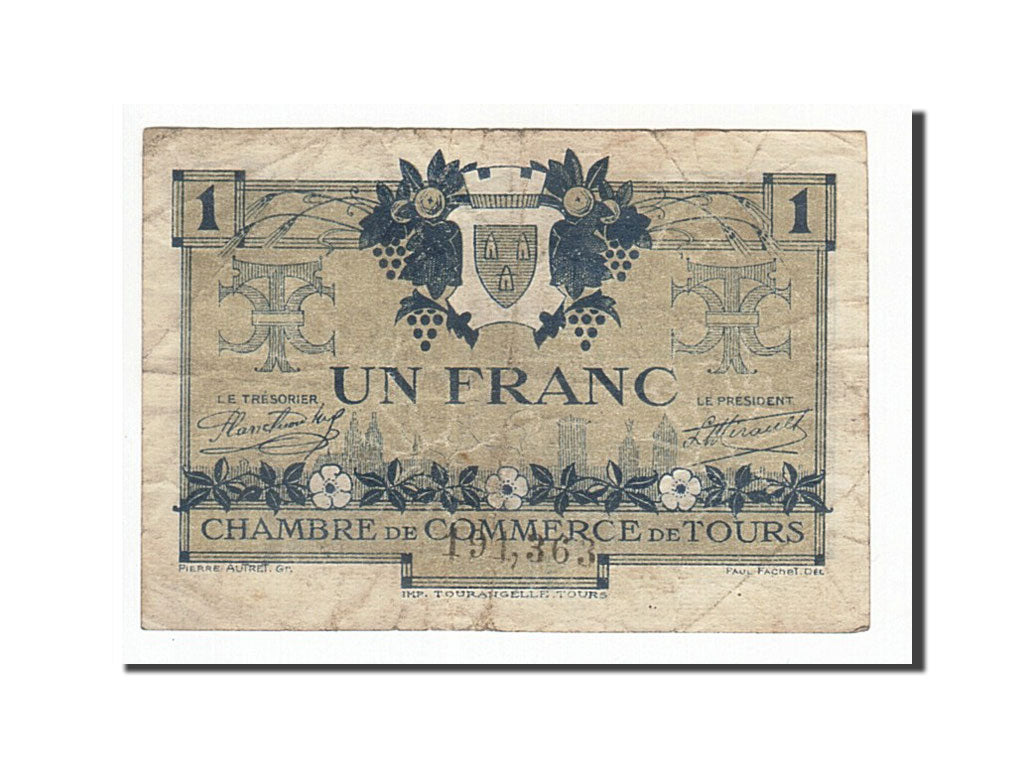 Banconote, Pirot:123-4, MB+, Tours, 1 Franc, 1920, Francia