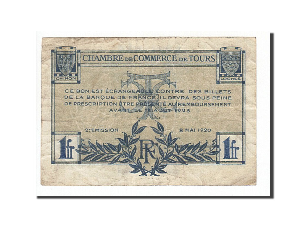 Banconote, Pirot:123-4, MB+, Tours, 1 Franc, 1920, Francia