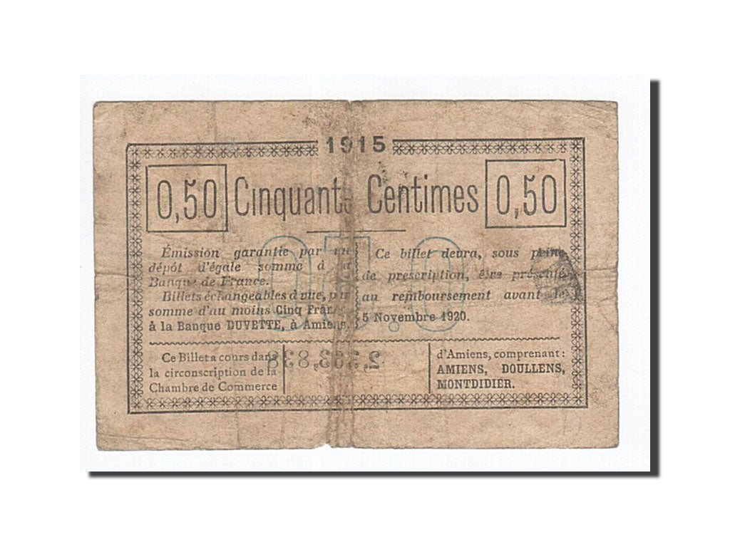 Banknote, Pirot:7-40, 50 Centimes, 1915, France, VF(20-25), Amiens
