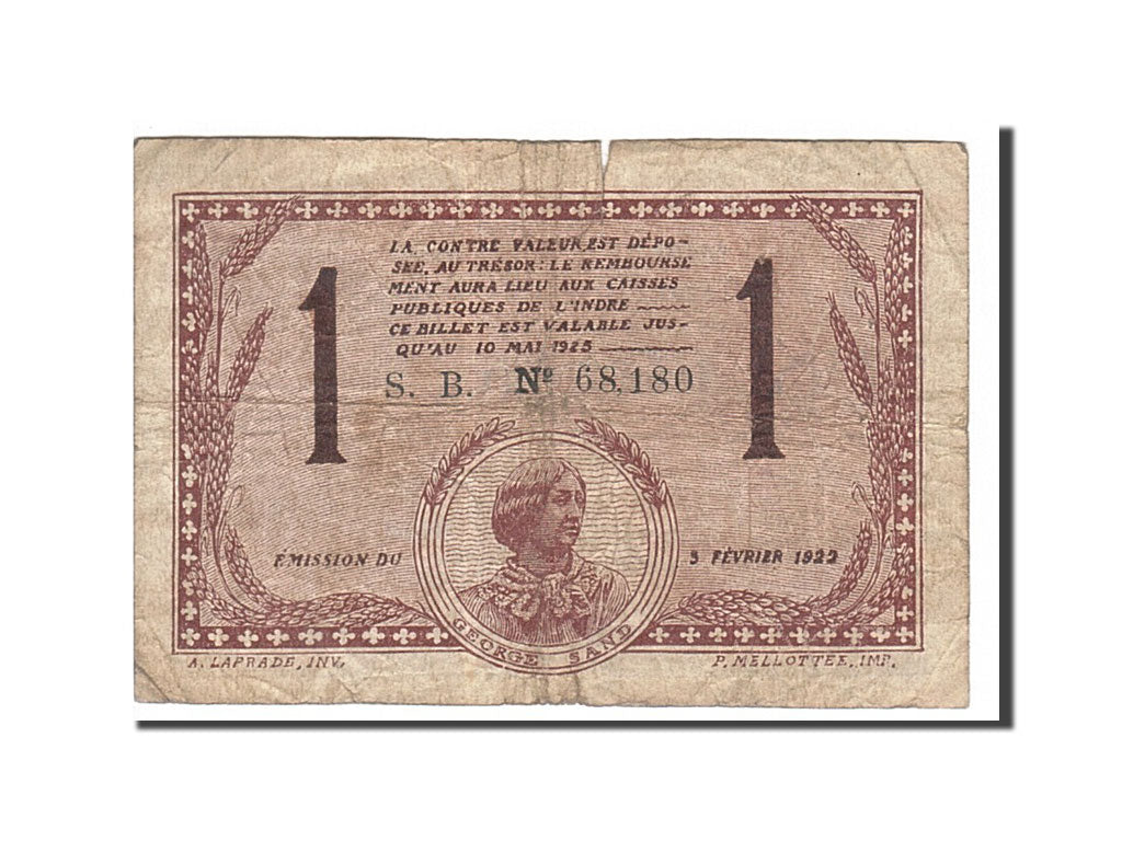 Banconote, Pirot:46-30, MB+, Chateauroux, 1 Franc, 1922, Francia