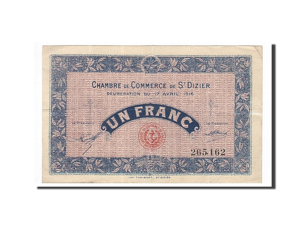 Banknote, Pirot:113-12, 1 Franc, 1916, France, AU(50-53), Saint-Dizier