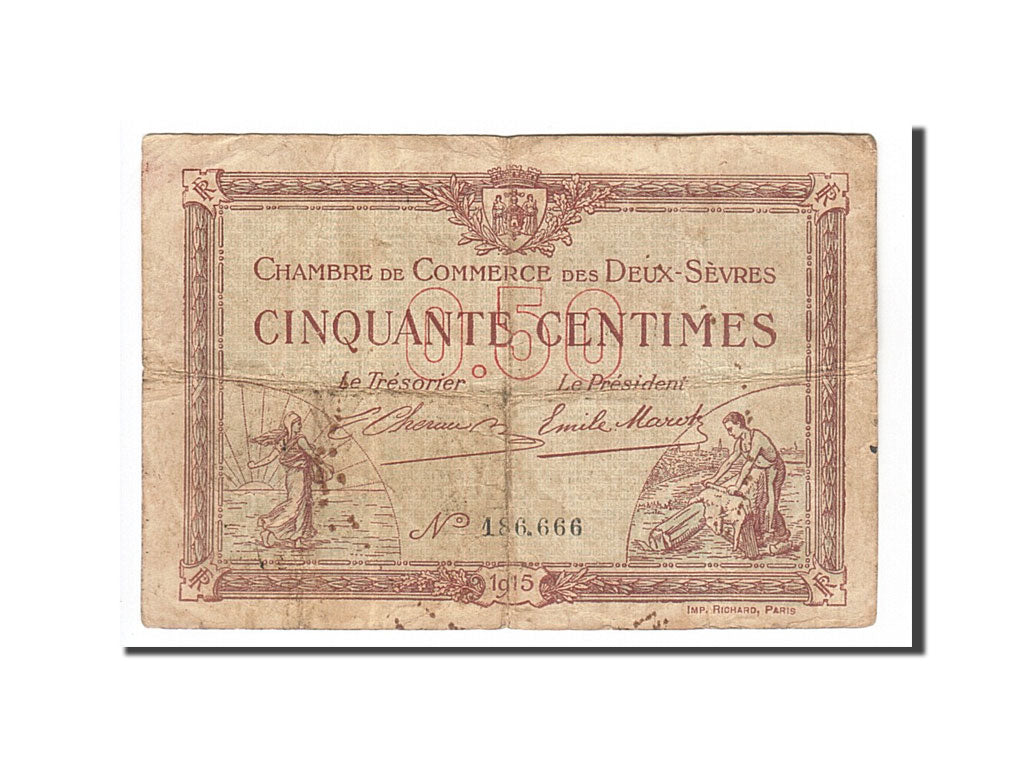 Banknote, Pirot:93-1, 50 Centimes, 1915, France, VF(20-25), Niort