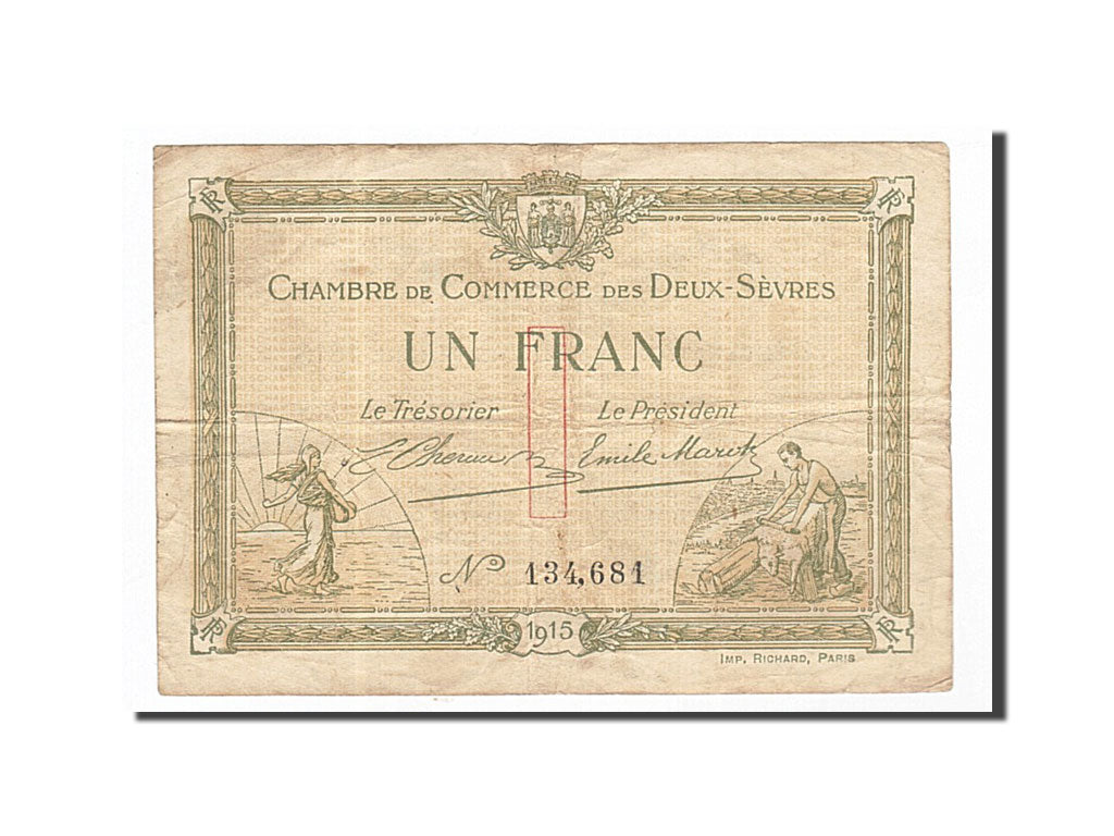 Banknote, Pirot:93-3, 1 Franc, 1915, France, EF(40-45), Niort