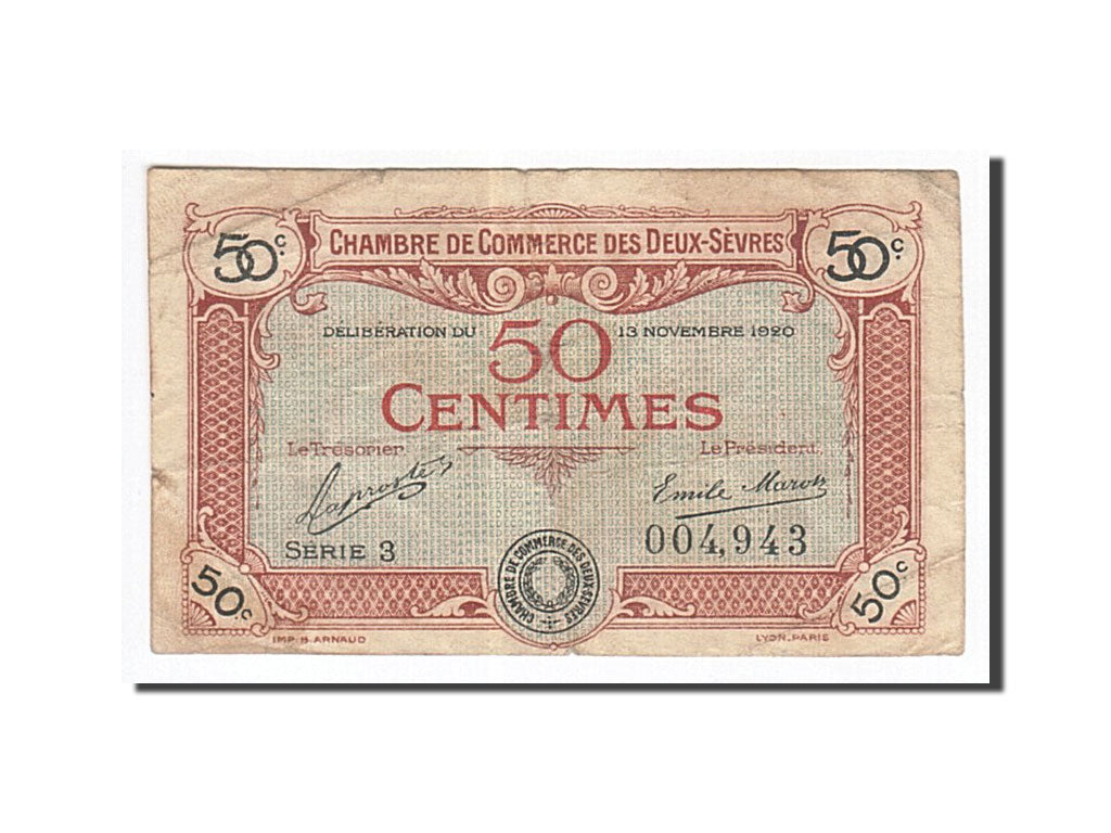 Banknote, Pirot:93-10, 50 Centimes, 1920, France, EF(40-45), Niort