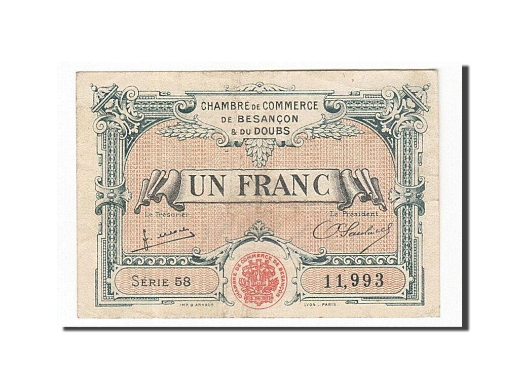 Banconote, Pirot:25-27, BB, Besançon, 1 Franc, 1922, Francia