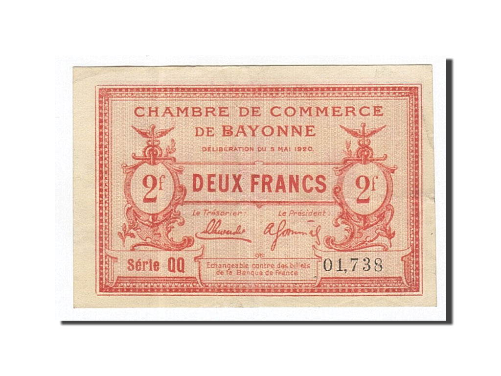 Banconote, Pirot:21-68, BB+, Bayonne, 2 Francs, 1920, Francia