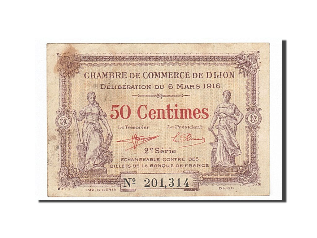 Banconote, Pirot:53-7, BB, Dijon, 50 Centimes, 1916, Francia