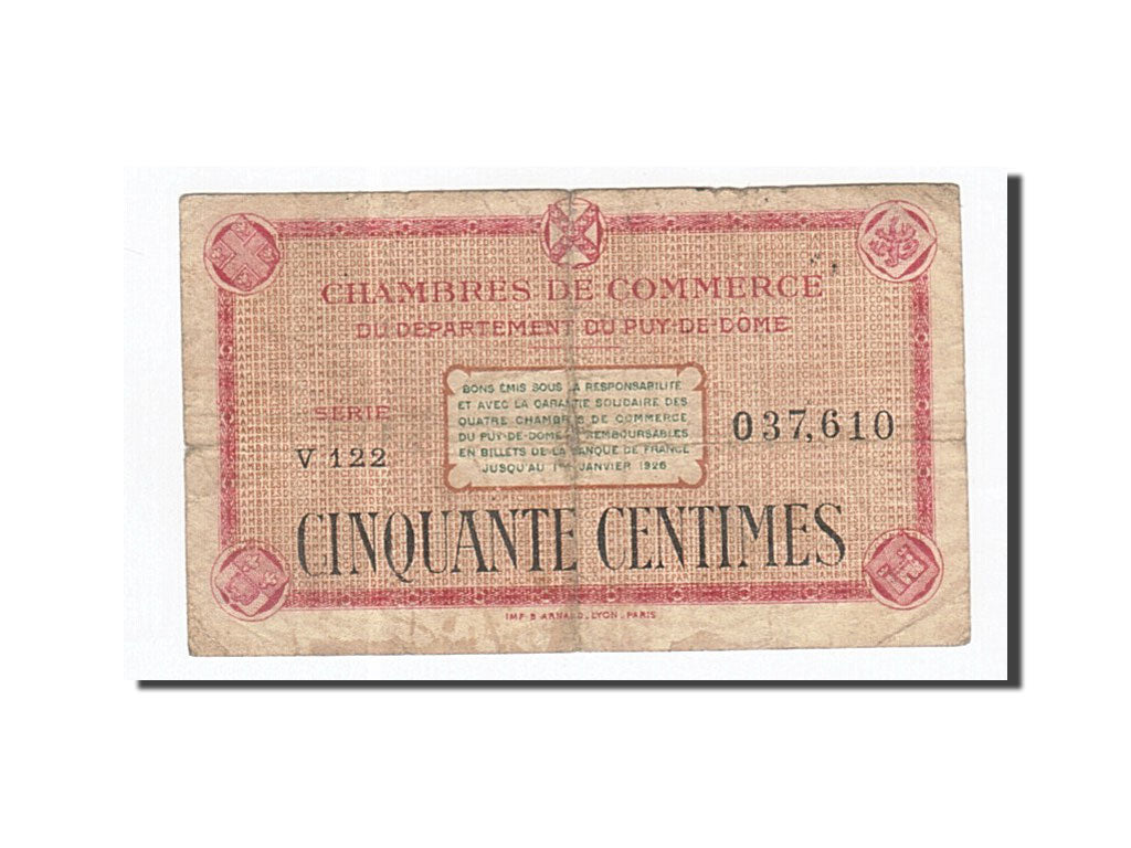 Banconote, Pirot:103-22, MB+, Clermont-Ferrand, 50 Centimes, Francia